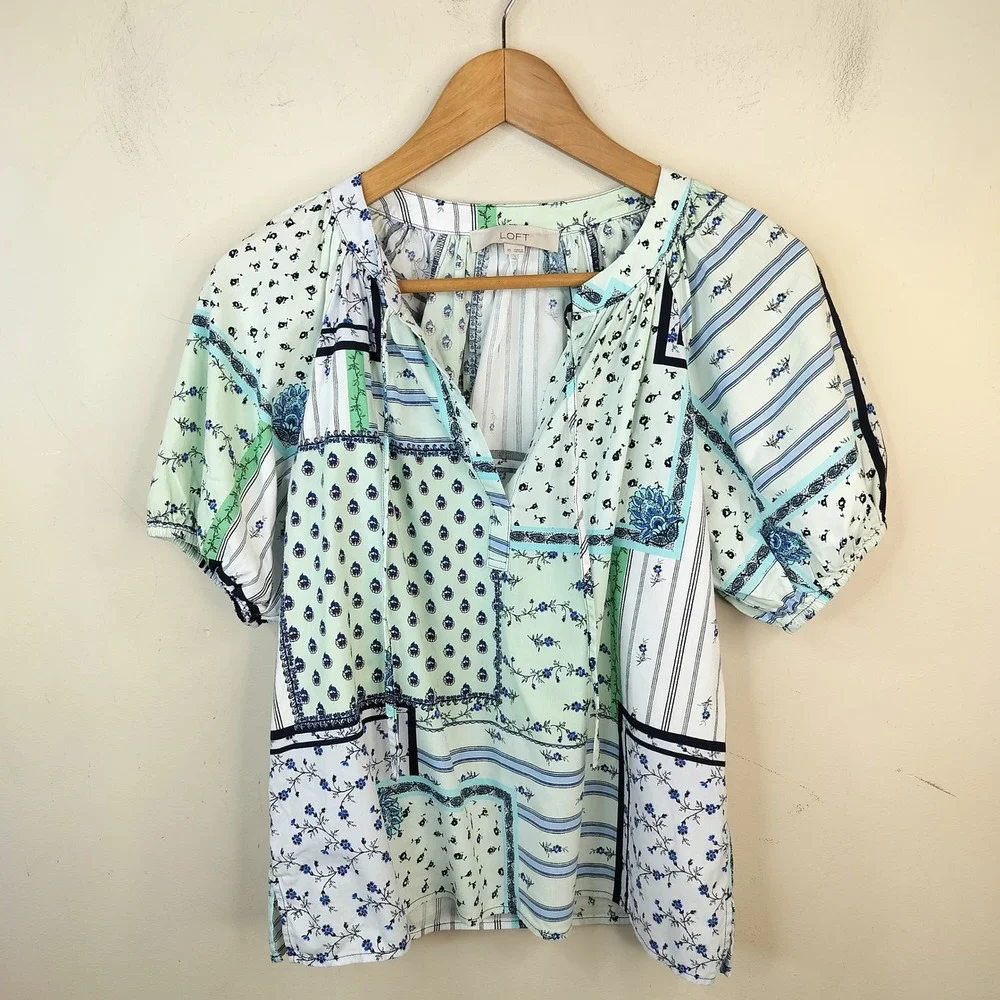 LOFT Patchwork Floral Blouse Womens XS Short Puff Sleeve Cottage Boho Blue